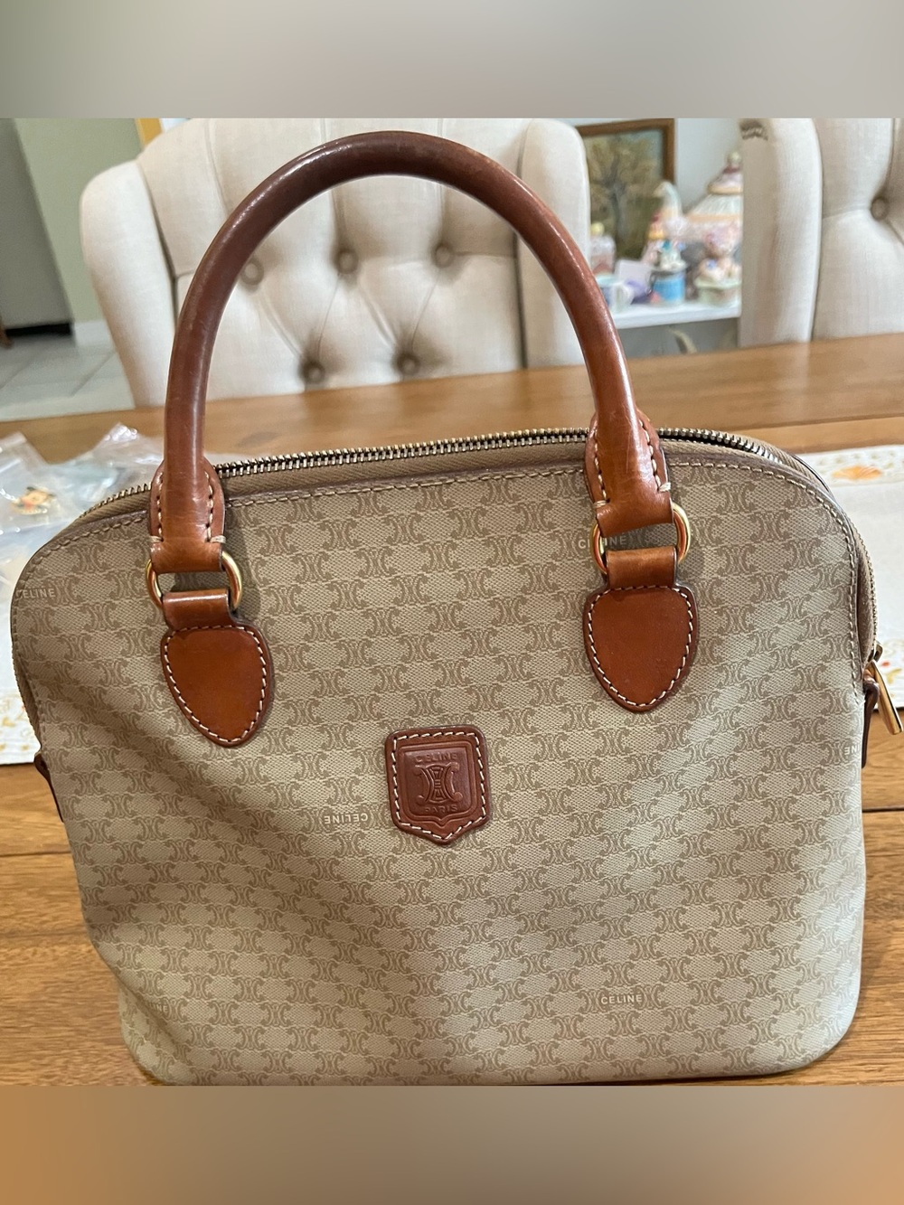 Celine Beige Monogram Canvas Satchel with Brown Leather Trim